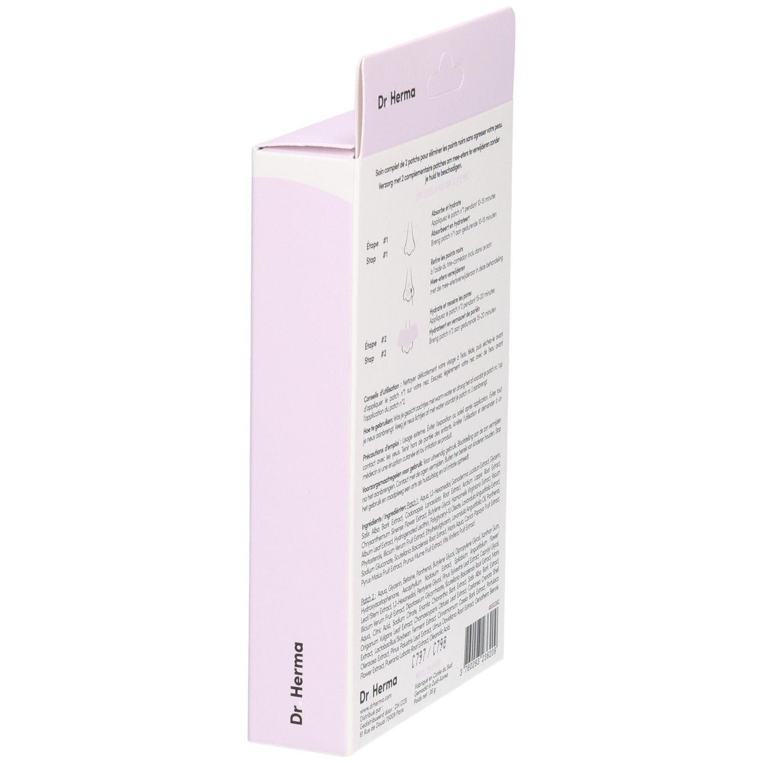 Zijaanzicht van de Dr. Herma patch verpakking. Toont productinformatie en een illustratie.