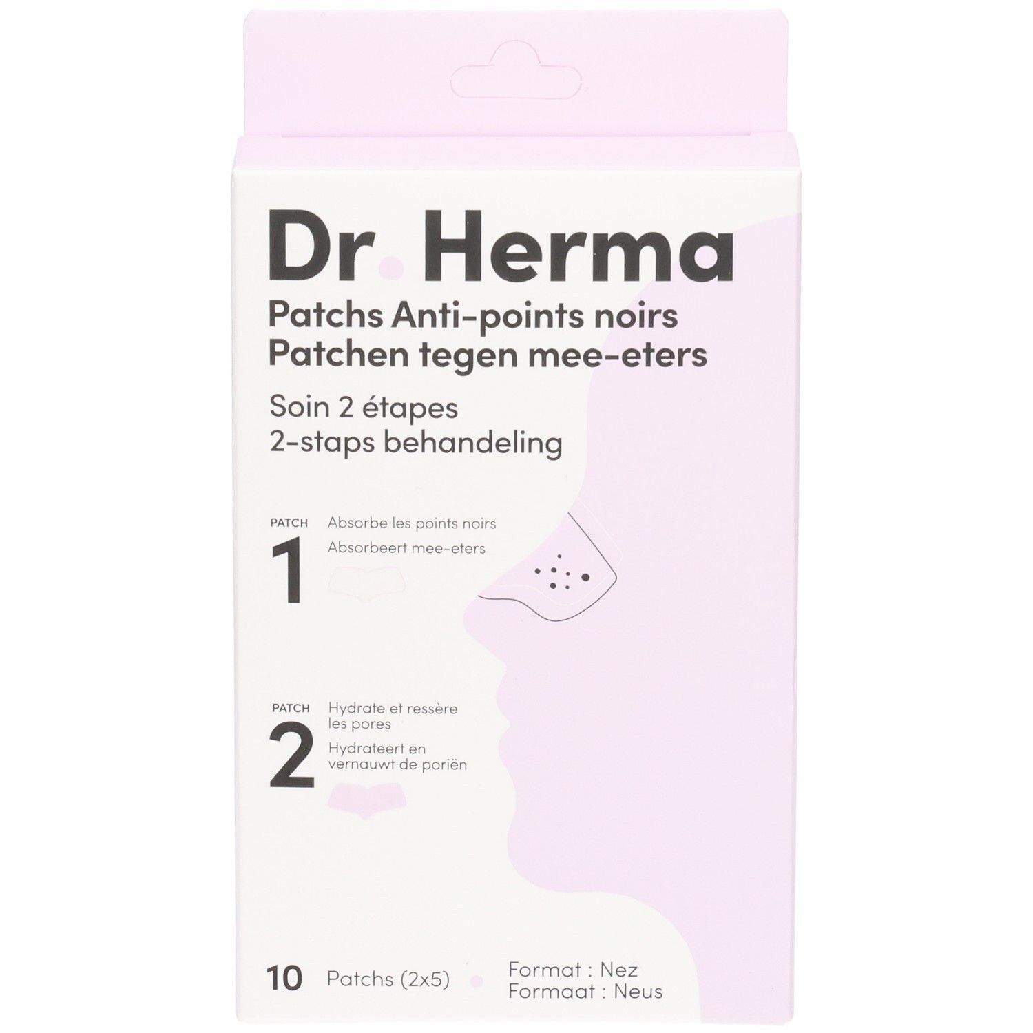 Vooraanzicht van de Dr. Herma patch verpakking. Toont productnaam, informatie en illustraties.