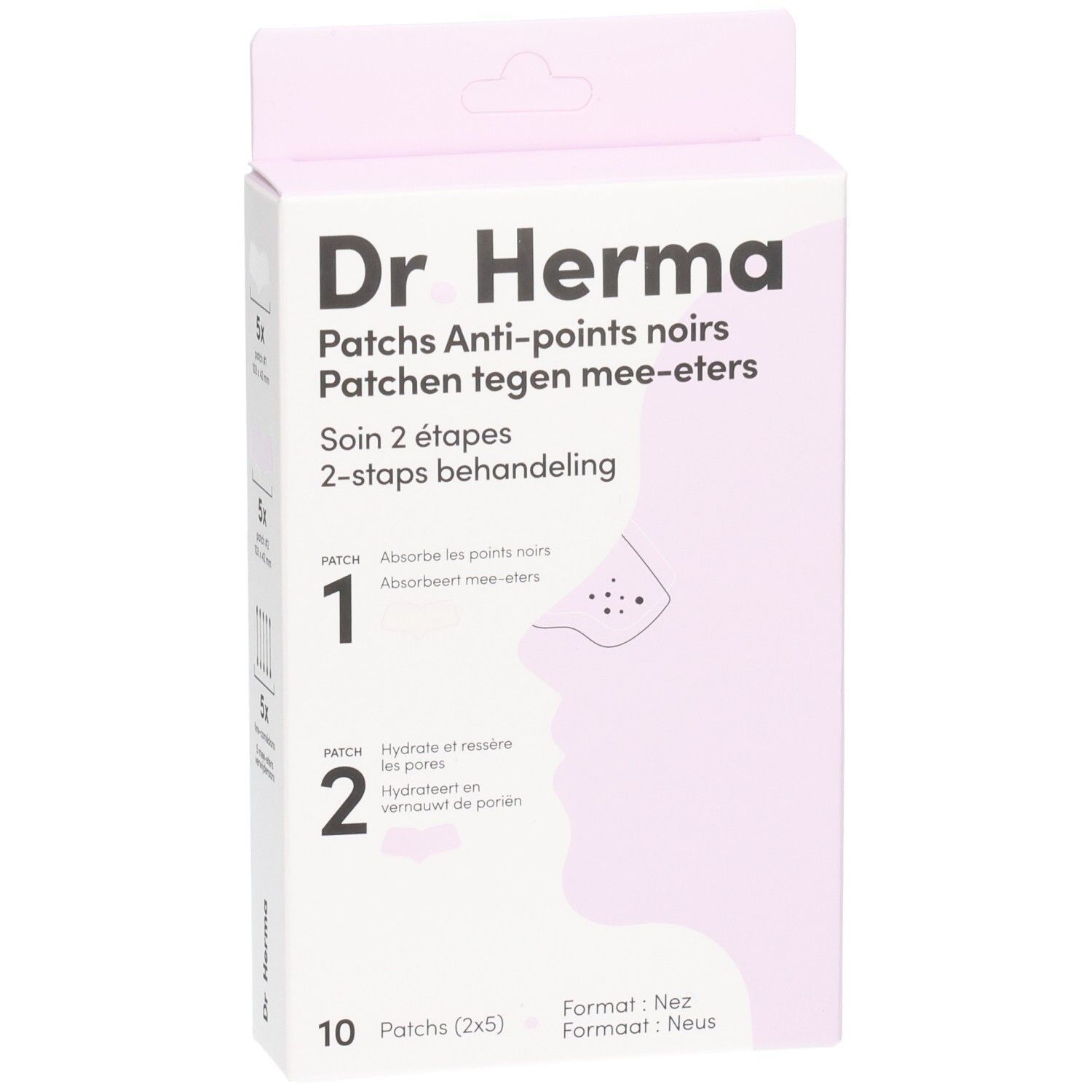 Vooraanzicht van de Dr. Herma patch verpakking. Toont productnaam, informatie en illustraties.