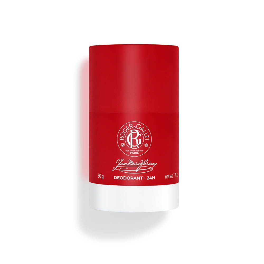 Rode deodorantstick met witte bodem. Logo en tekst. Deodorant 24H. 1.76 oz.