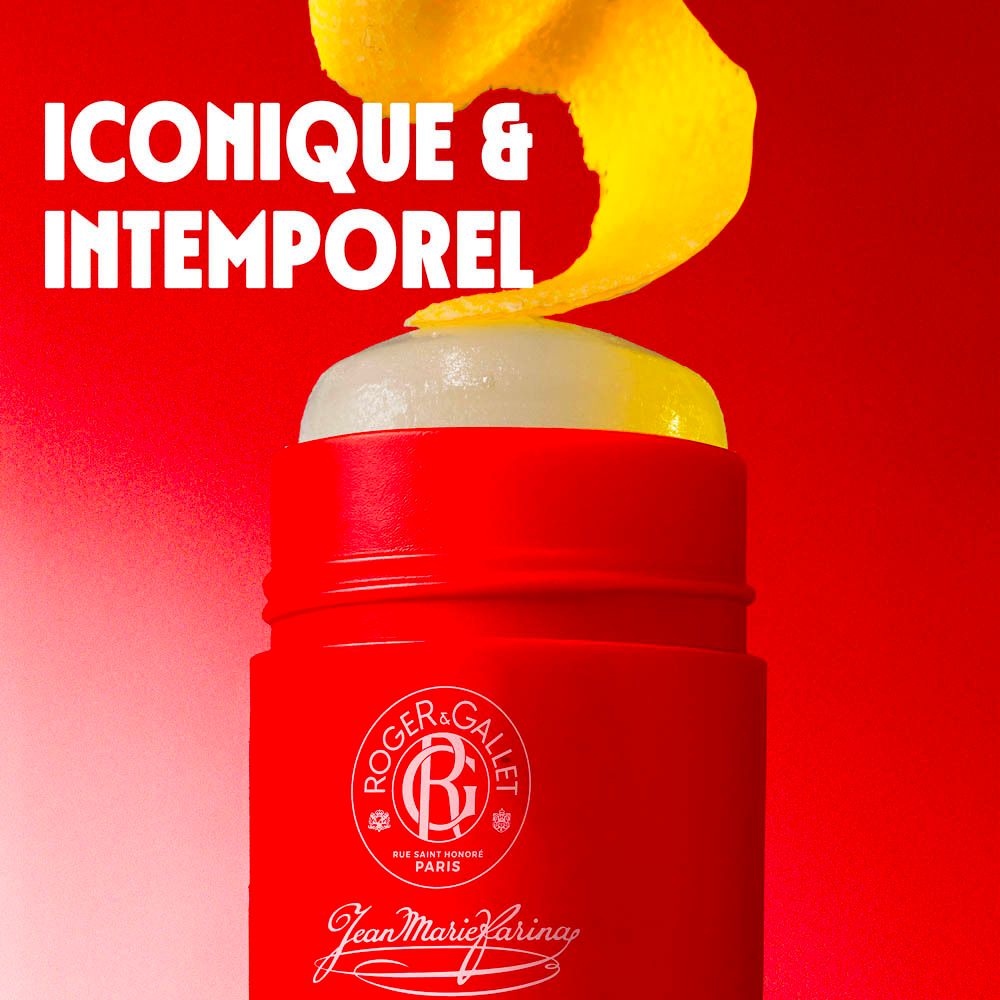 Déodorant en stick rouge avec citron. Texte: Iconique & Intemporel.
