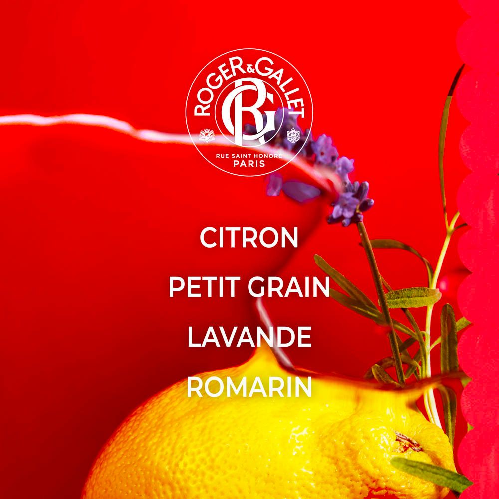 Déodorant en stick rouge avec herbes. Texte: Citron, Petit Grain, Lavande, Romarin.