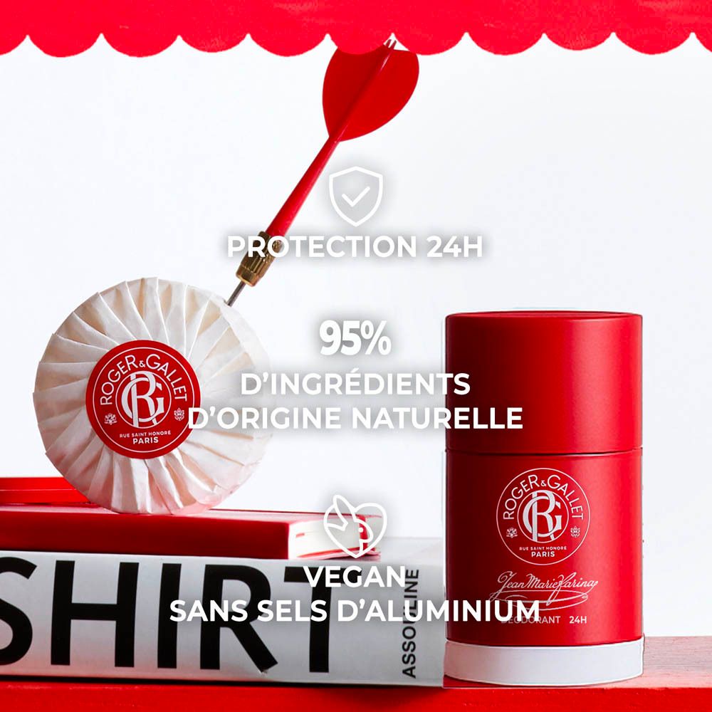 Déodorant en stick rouge avec flèche et savon. Texte: Protection 24H, 95% ingrédients naturels.