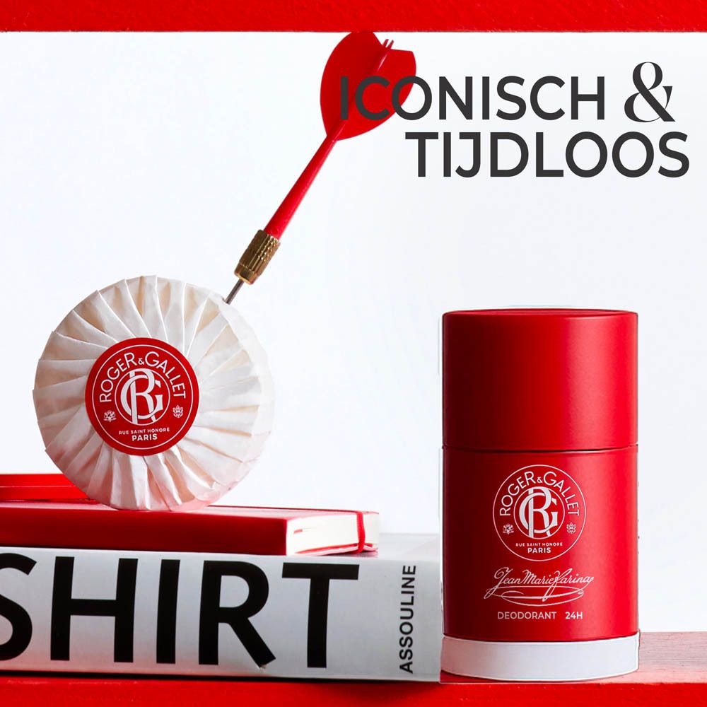 Rode deodorantstick met pijl en zeep. Tekst: Iconisch & Tijdloos.