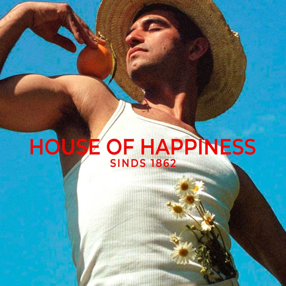 Man met hoed en sinaasappel. Tekst: House of Happiness, Sinds 1862.