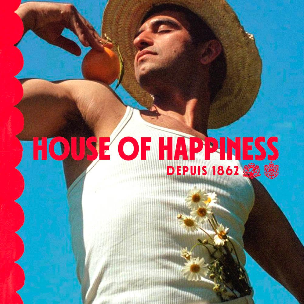 Homme avec chapeau et orange. Texte: House of Happiness, Depuis 1862.