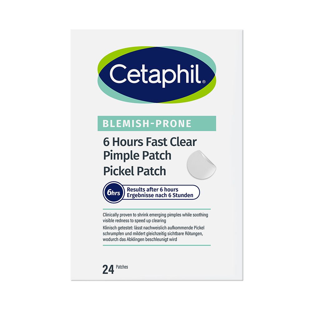Cetaphil Blemish-Prone Pimple Patch. Witte verpakking met logo en productinfo. 24 pleisters.