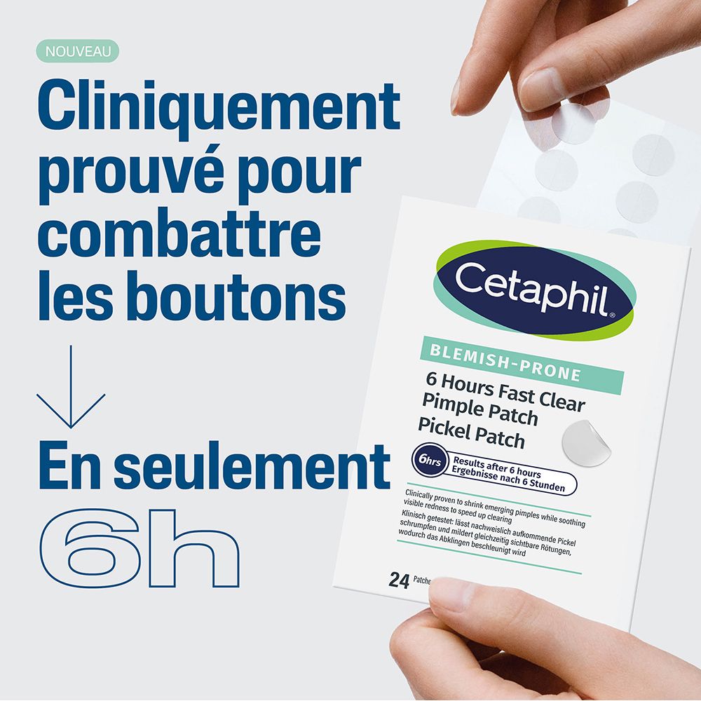 Mains tenant l'emballage Cetaphil Pimple Patch. Patchs montrés. Texte: Cliniquement prouvé.