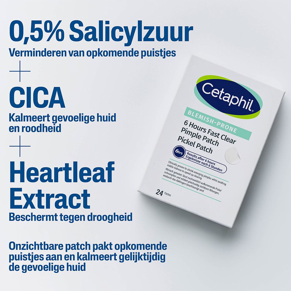 Cetaphil Pimple Patch verpakking. Tekst: 0,5% Salicylzuur, CICA, Heartleaf Extract. Blauwe achtergrond.
