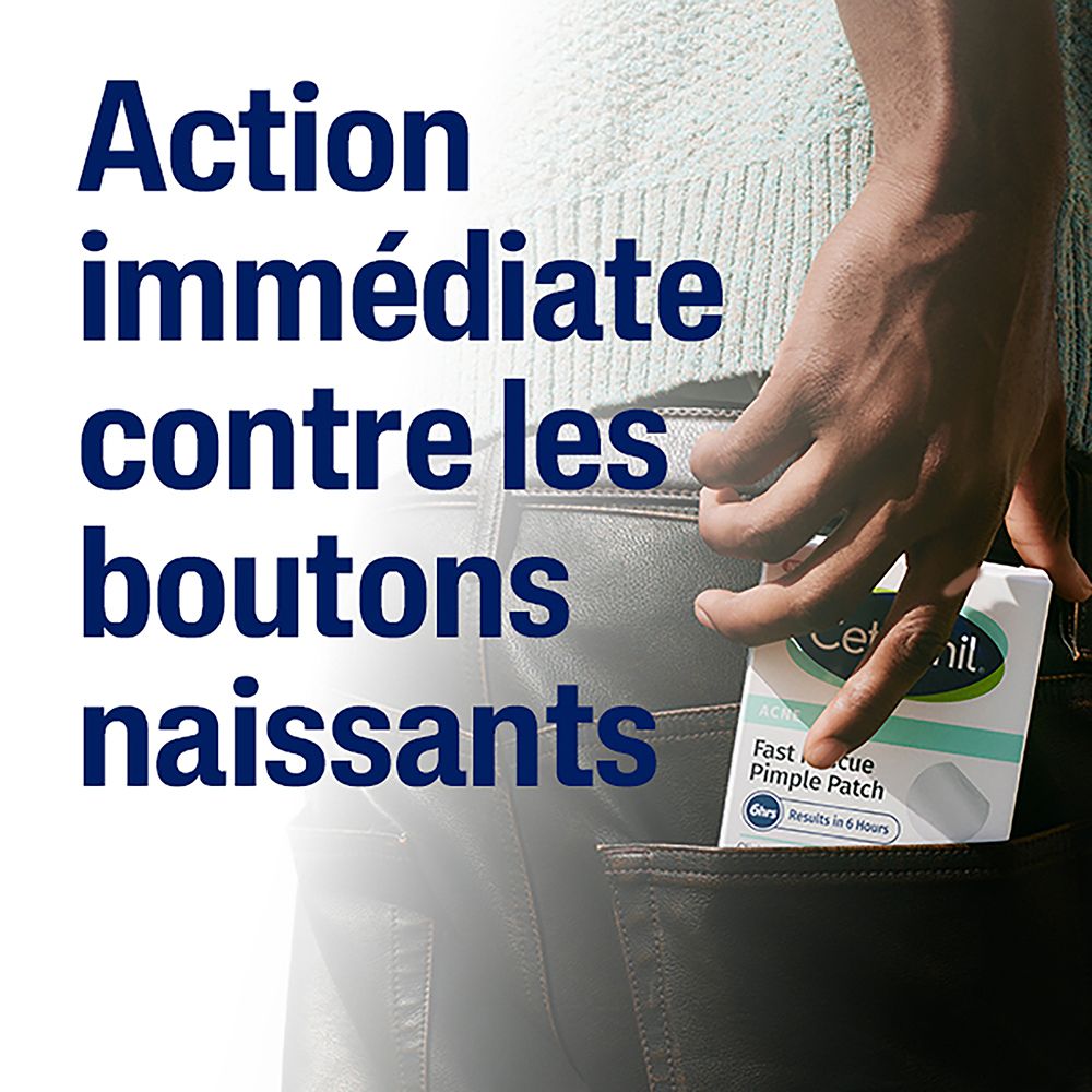 Pantalon avec poche. Emballage Cetaphil Pimple Patch dans la poche. Texte: Action immédiate.