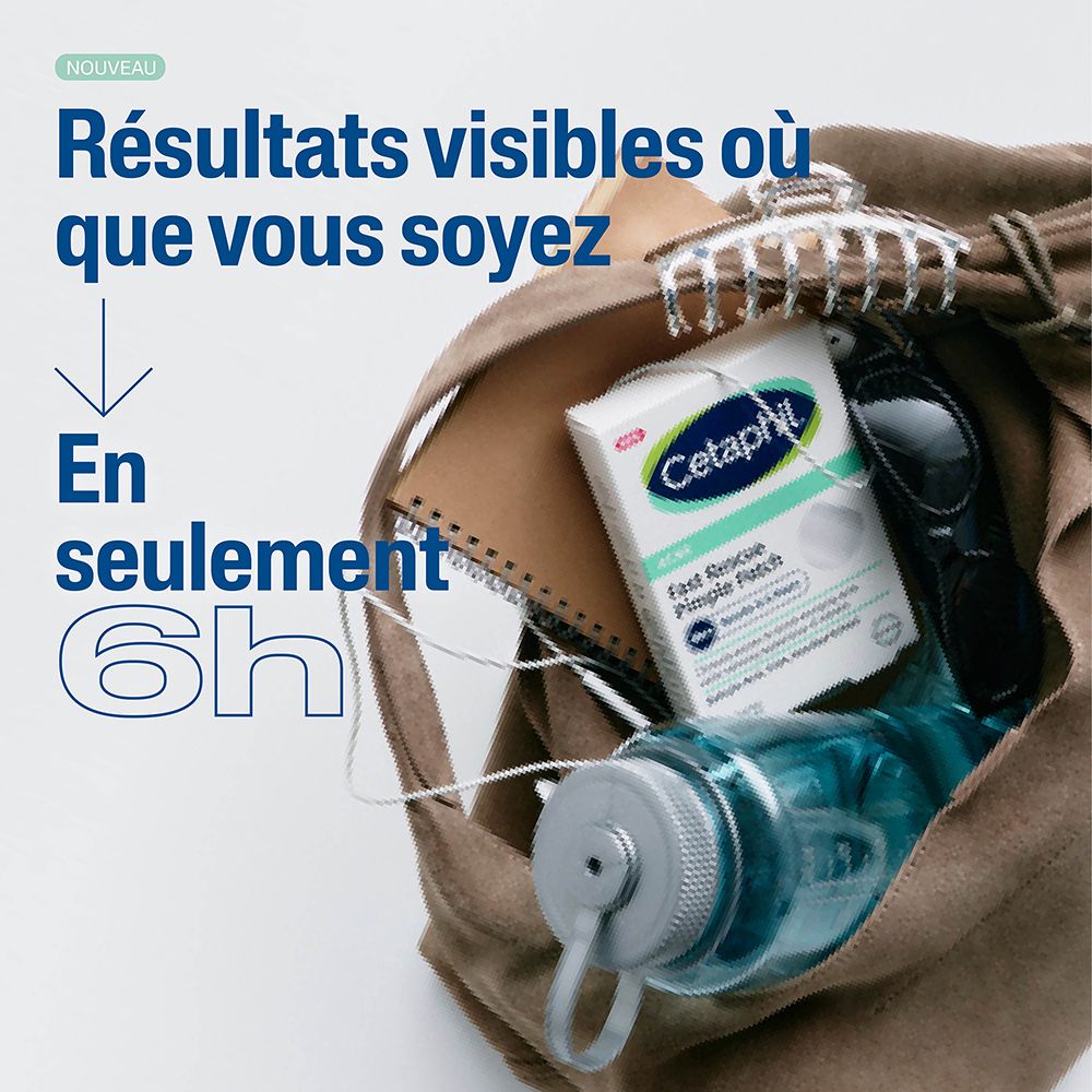 Sac avec contenu. Emballage Cetaphil Pimple Patch. Texte: Résultats visibles où que vous soyez.