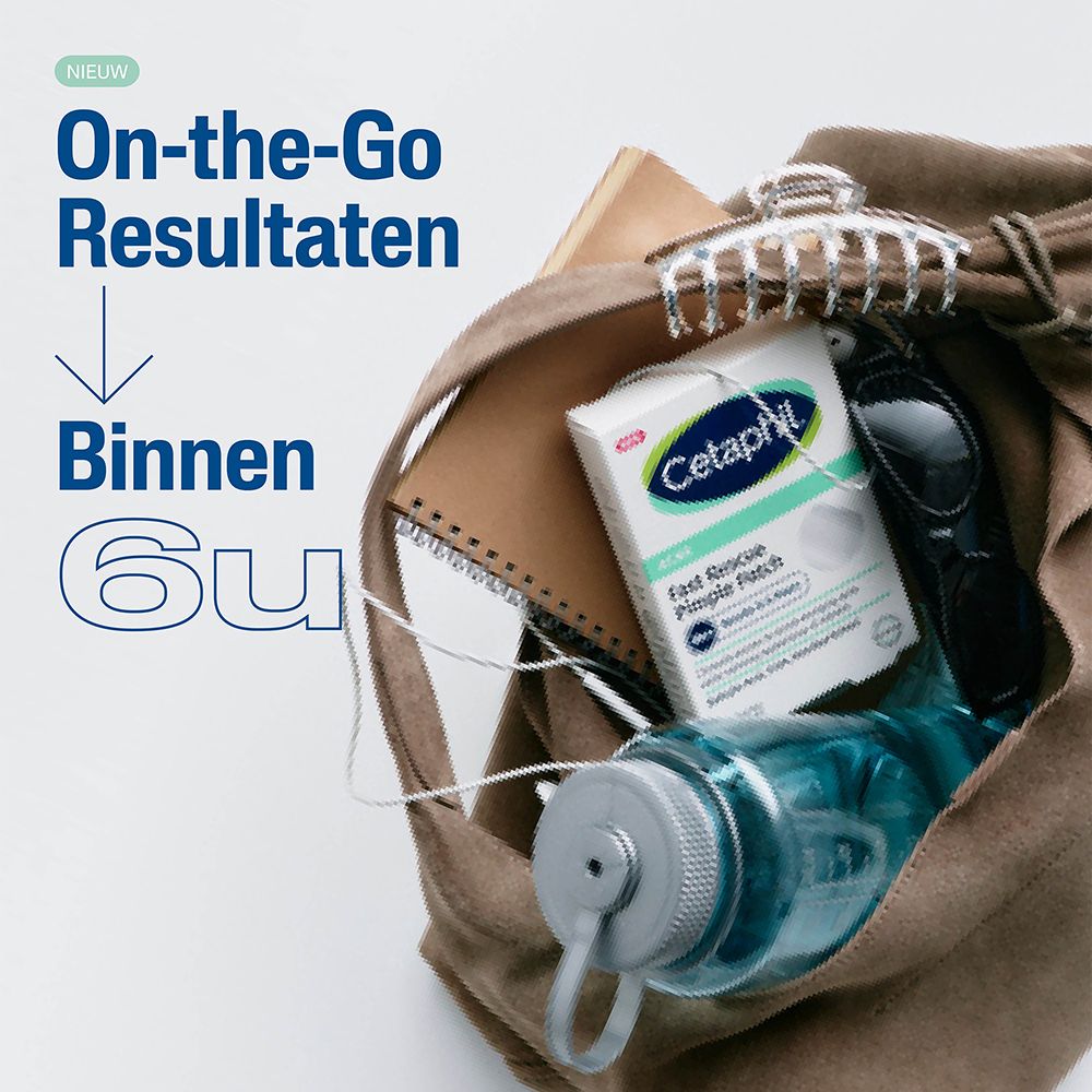 Tas met inhoud. Cetaphil Pimple Patch verpakking. Tekst: On-the-Go Resultaten.