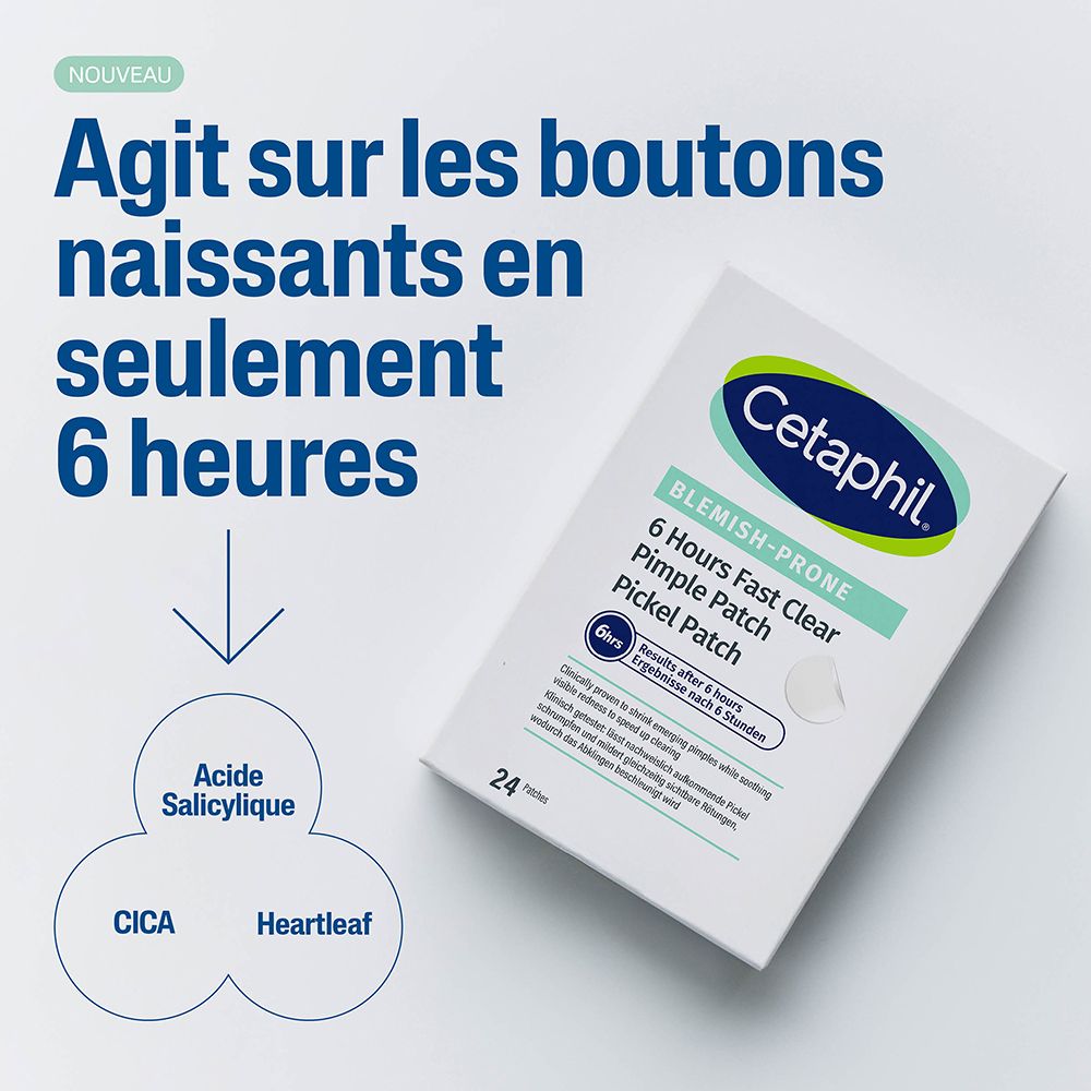 Emballage Cetaphil Pimple Patch. Texte: Agit sur les boutons naissants en seulement 6 heures.