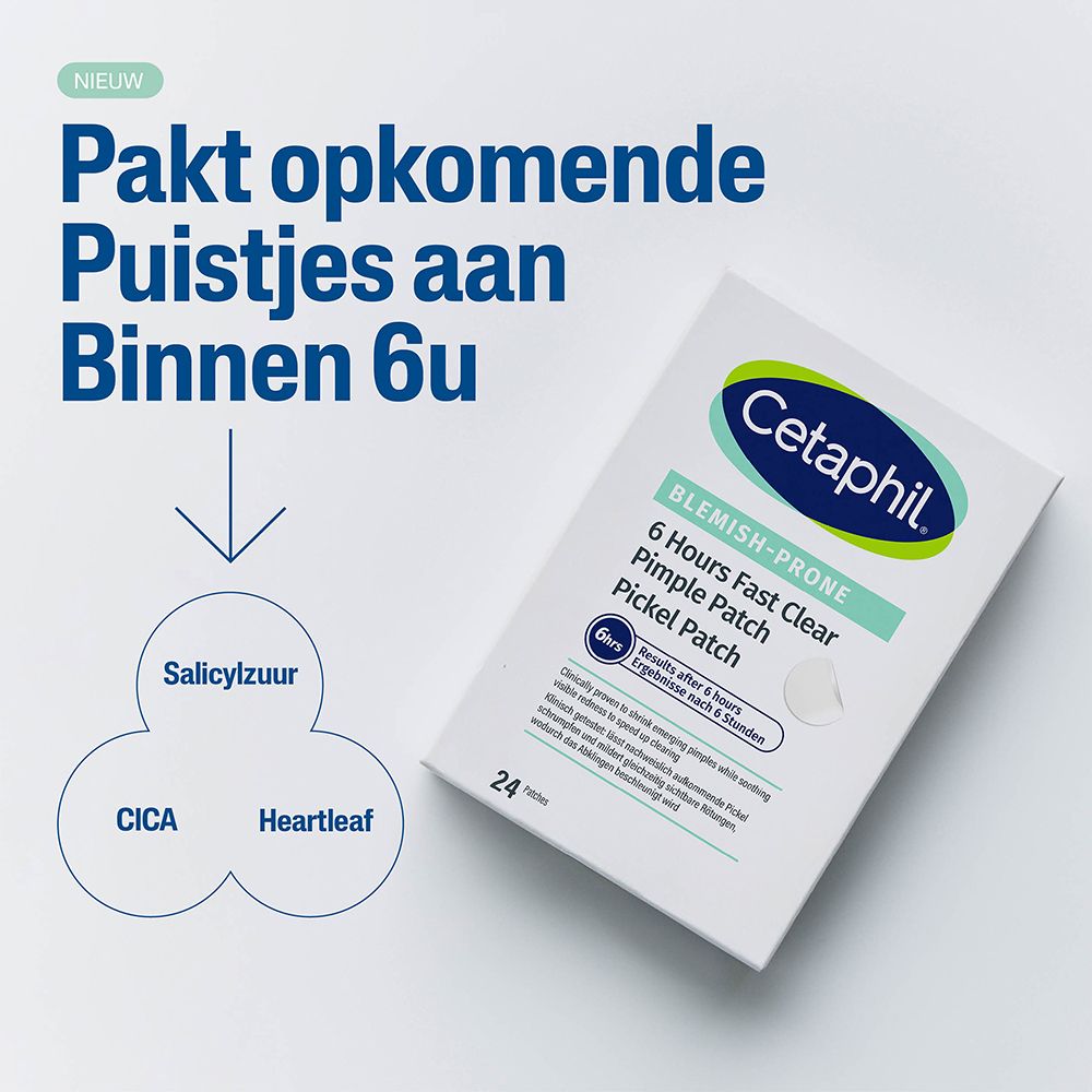 Cetaphil Pimple Patch verpakking. Tekst: Pakt puistjes zacht aan.
