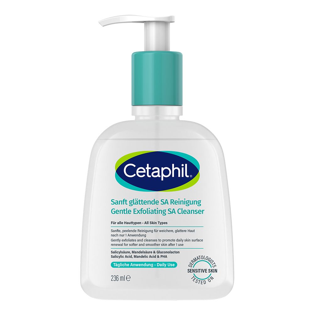Cetaphil® fles. Zacht gladmakende SA reiniger. Met pomp. Voor alle huidtypes.