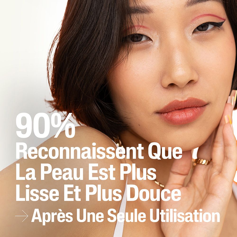 Femme avec peau lisse. Texte: 90% reconnaissent une peau plus lisse après usage.