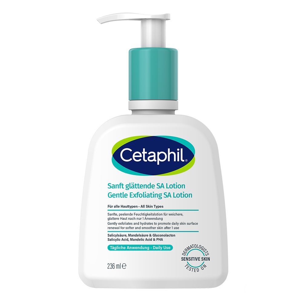 Witte fles met blauwe dop en pomp. Opschrift: Cetaphil, Zacht gladmakende SA Lotion. Dermatologisch getest.