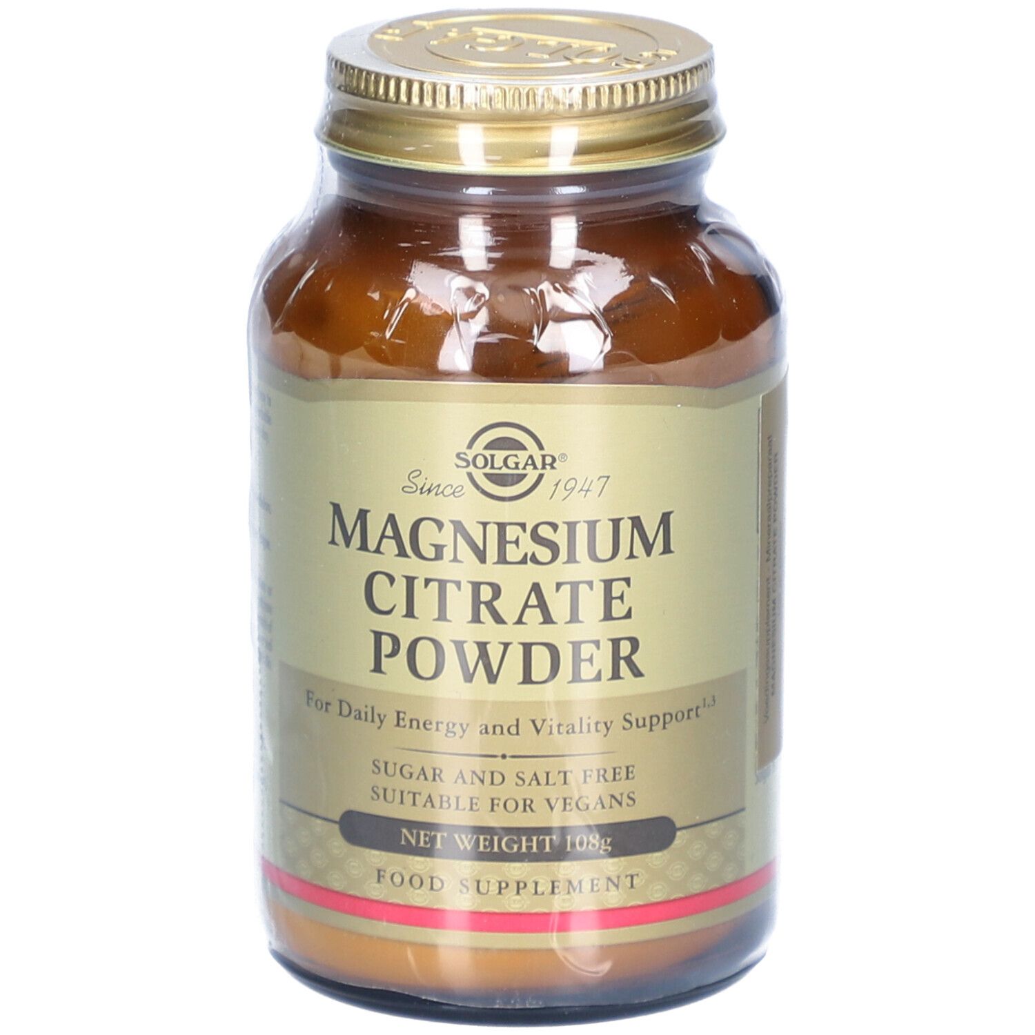 Flacon en verre brun avec couvercle doré. Inscription: Magnesium Citrate Powder. Convient aux végétaliens. Poids net 108g.
