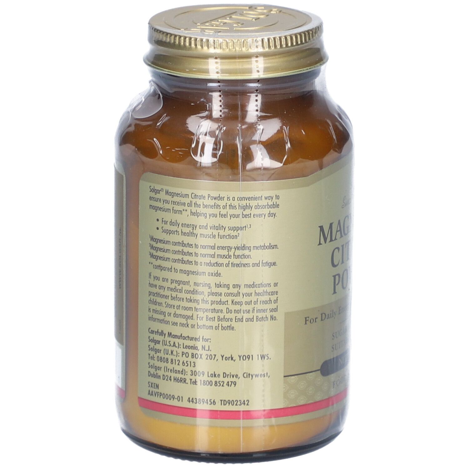 Dos d'un flacon en verre brun. Informations textuelles sur Magnesium Citrate Powder. Informations fabricant et avertissements.