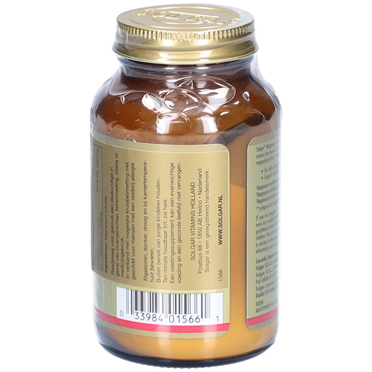 Dos d'un flacon en verre brun. Informations textuelles, code-barres et adresse du fabricant. Solgar Vitamins Holland.
