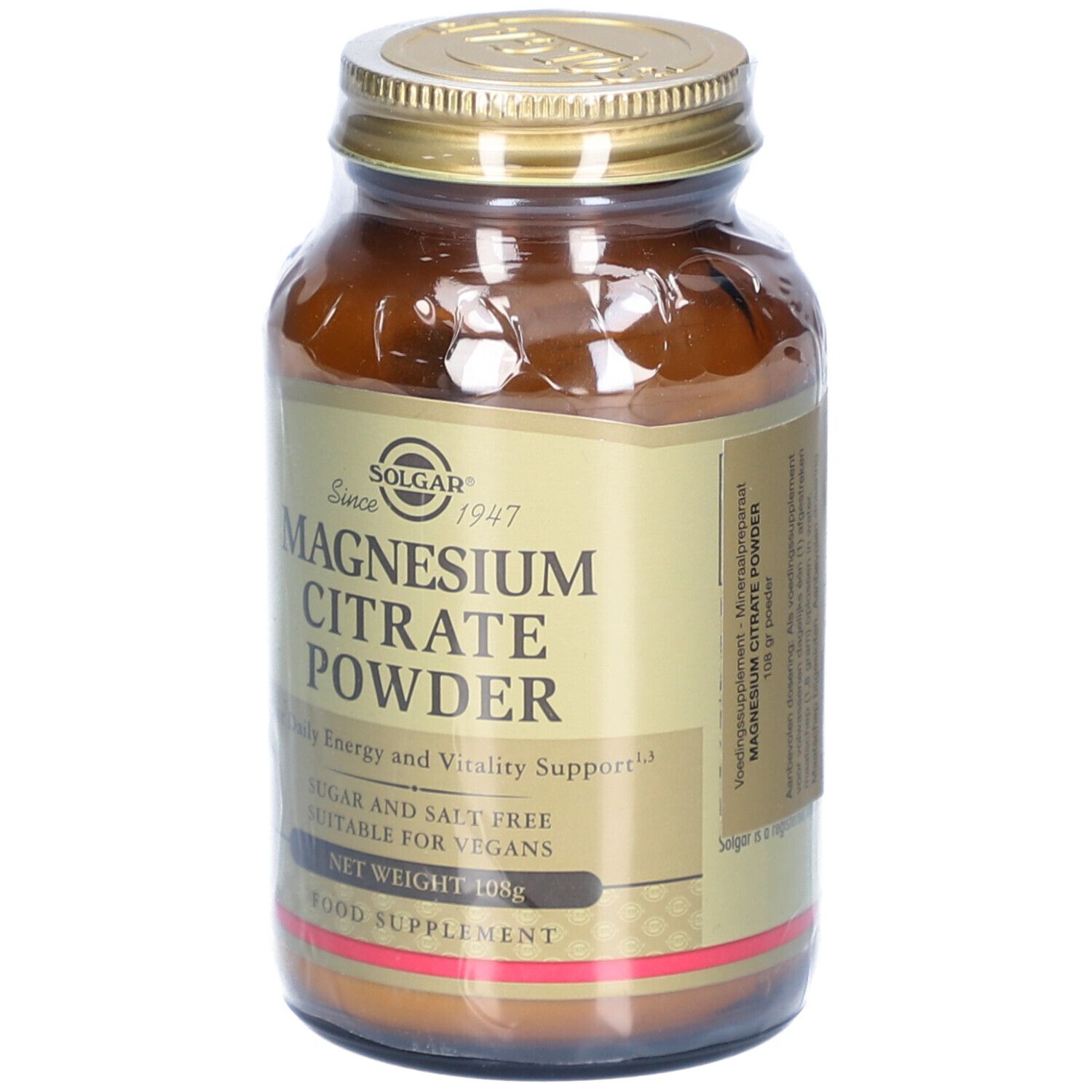 Flacon en verre brun avec couvercle doré. Inscription: Magnesium Citrate Powder. Convient aux végétaliens. Poids net 108g.