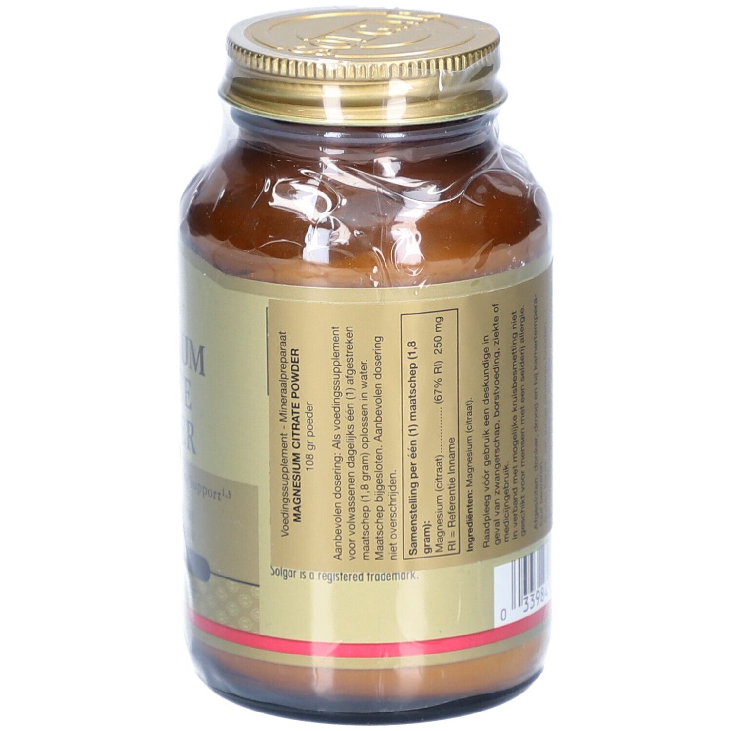 Dos d'un flacon en verre brun. Informations textuelles, informations nutritionnelles et dosage. Code-barres.