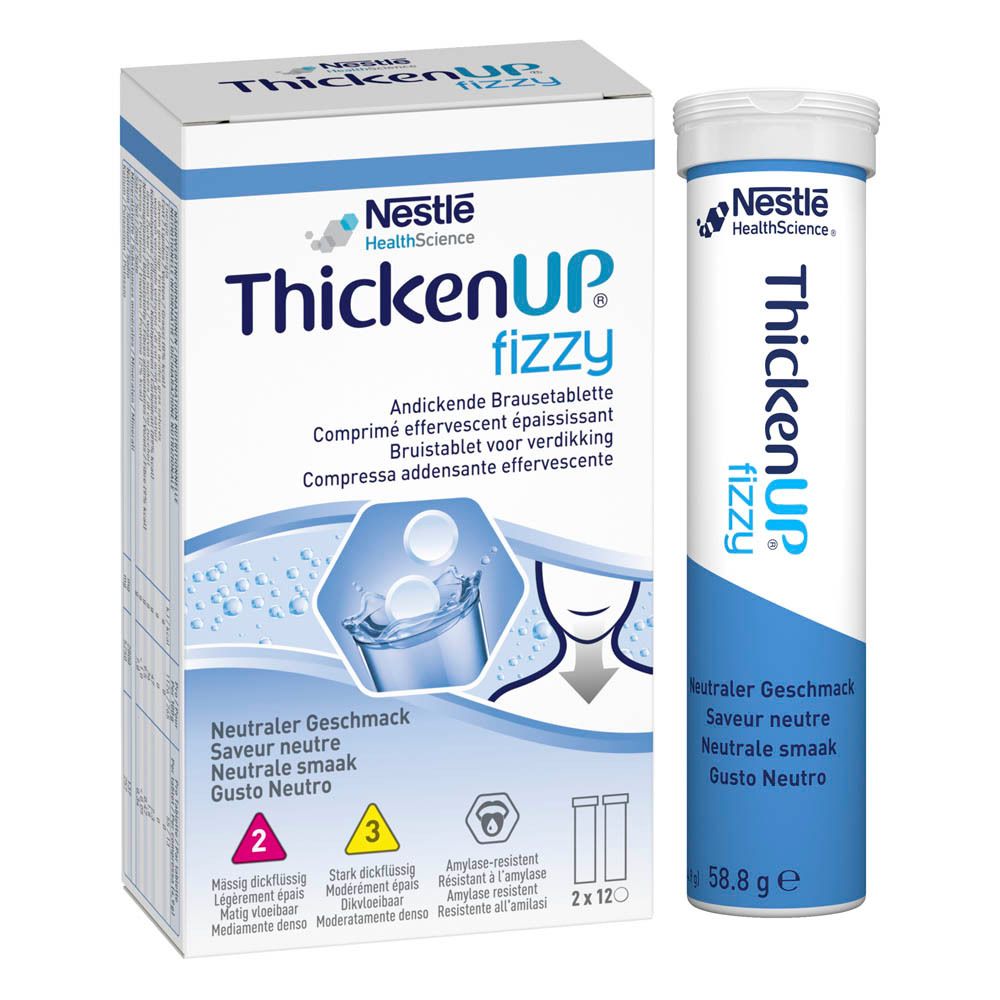 Verpakking en tube ThickenUP fizzy. Opschrift: Nestle Health Science. Bevat bruistabletten. Smaak: neutraal.