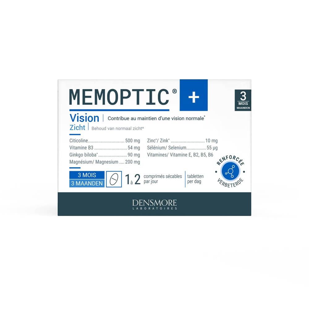 Boîte bleue avec informations produit. Contient Memoptic® +, Vision, 3 mois. Ingrédients et informations nutritionnelles.