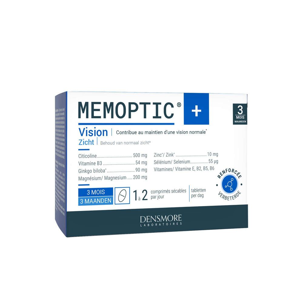 Blauwe doos met productinformatie. Bevat Memoptic® +, Vision, 3 maanden. Ingrediënten en voedingswaarde-informatie.