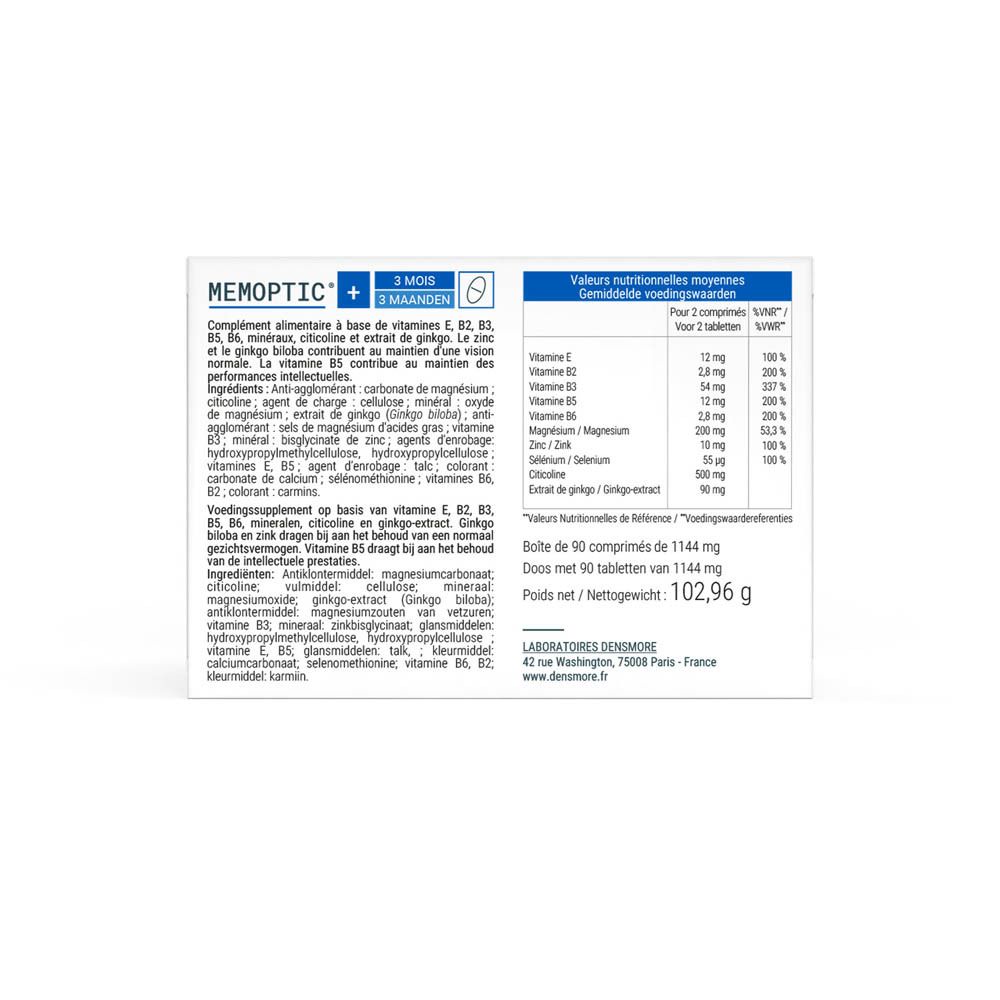 Achterkant van de blauwe doos met productinformatie. Bevat Memoptic® +, Vision, 3 maanden. Ingrediënten en voedingswaarde-informatie.