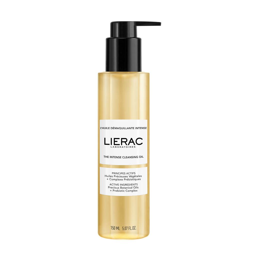 Flacon jaune avec pompe noire. Texte : Lierac, The Intense Cleansing Oil.