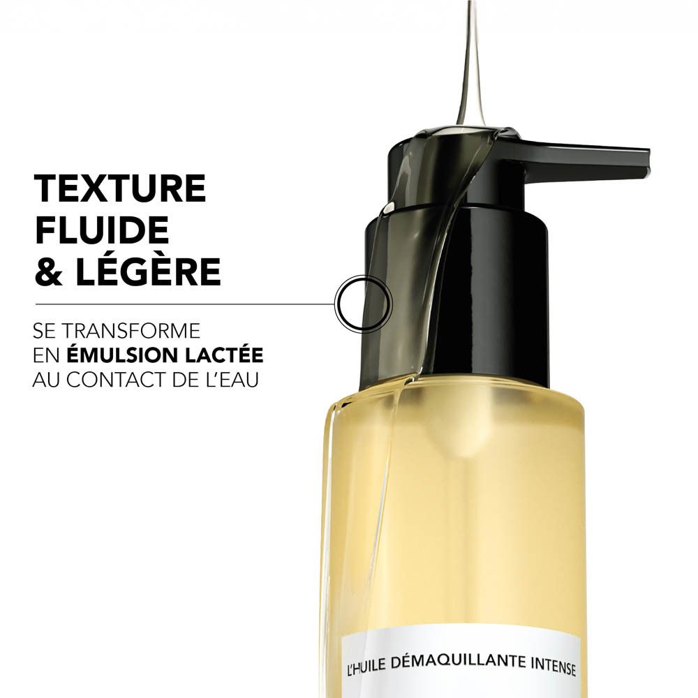 Gros plan sur le flacon. Texte : Texture fluide & légère. Se transforme en émulsion.