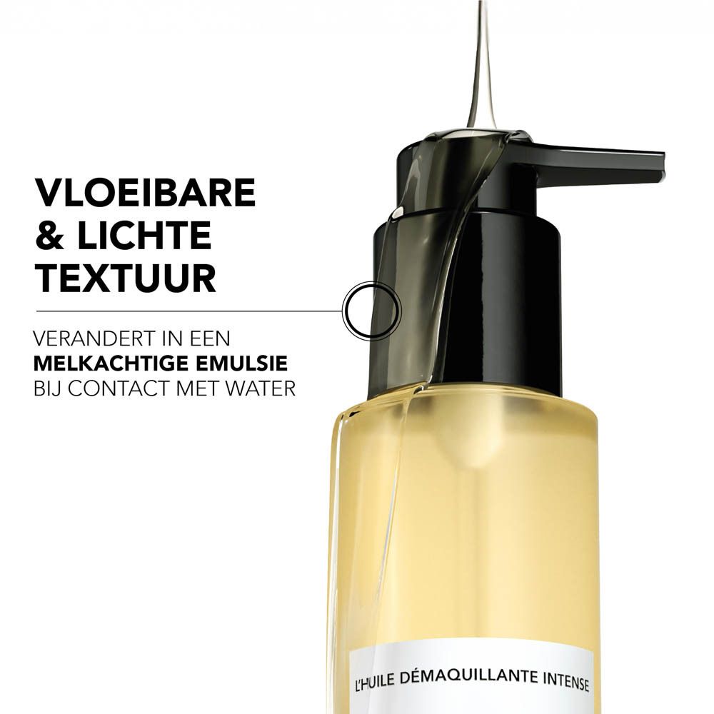 Close-up van de fles. Tekst: Vloeibare & lichte textuur. Verandert in emulsie.