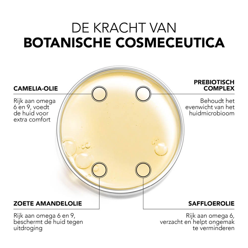 Close-up van een kom met oliën. Tekst: Camelia-olie, Zoete amandelolie, Saffloerolie.