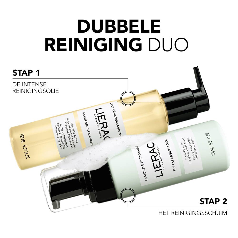 Twee flessen. Tekst: Dubbele reiniging duo. De Intense reinigingsolie, Het reinigingsschuim.