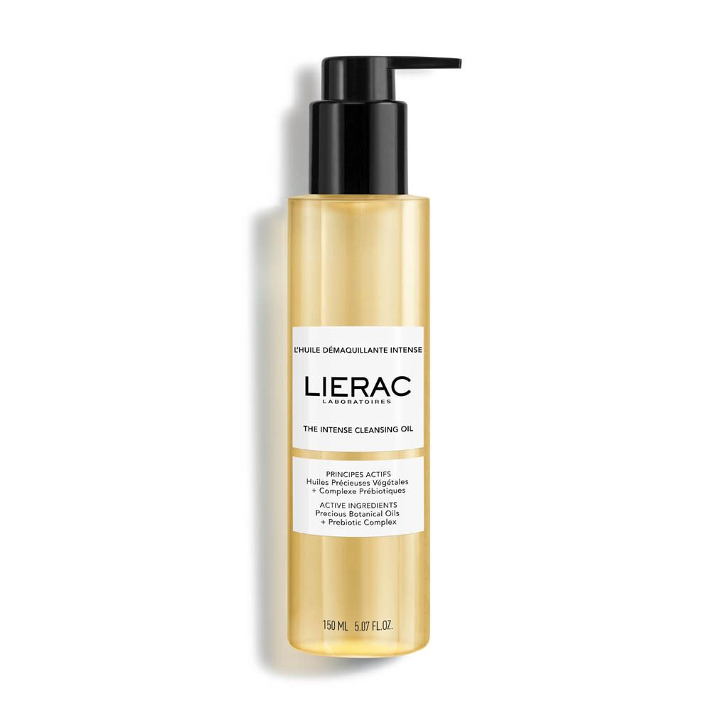 Gele fles met zwarte pomp. Opschrift: LIERAC, THE INTENSE CLEANSING OIL.