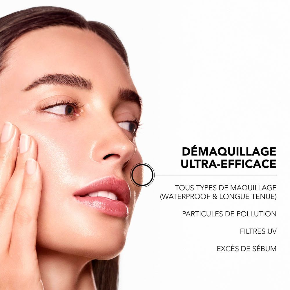 Visage d'une femme. Texte: DÉMAQUILLAGE ULTRA-EFFICACE. Élimine maquillage, filtres UV, sébum.