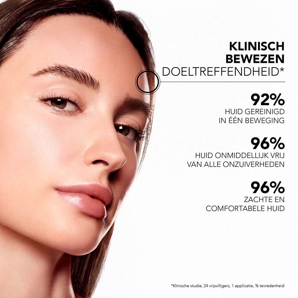 Gezicht van een vrouw. Tekst: KLINISCH BEWEZEN DOELTREFFENDHEID. 92% gereinigde huid, 96% onzuiverheden.