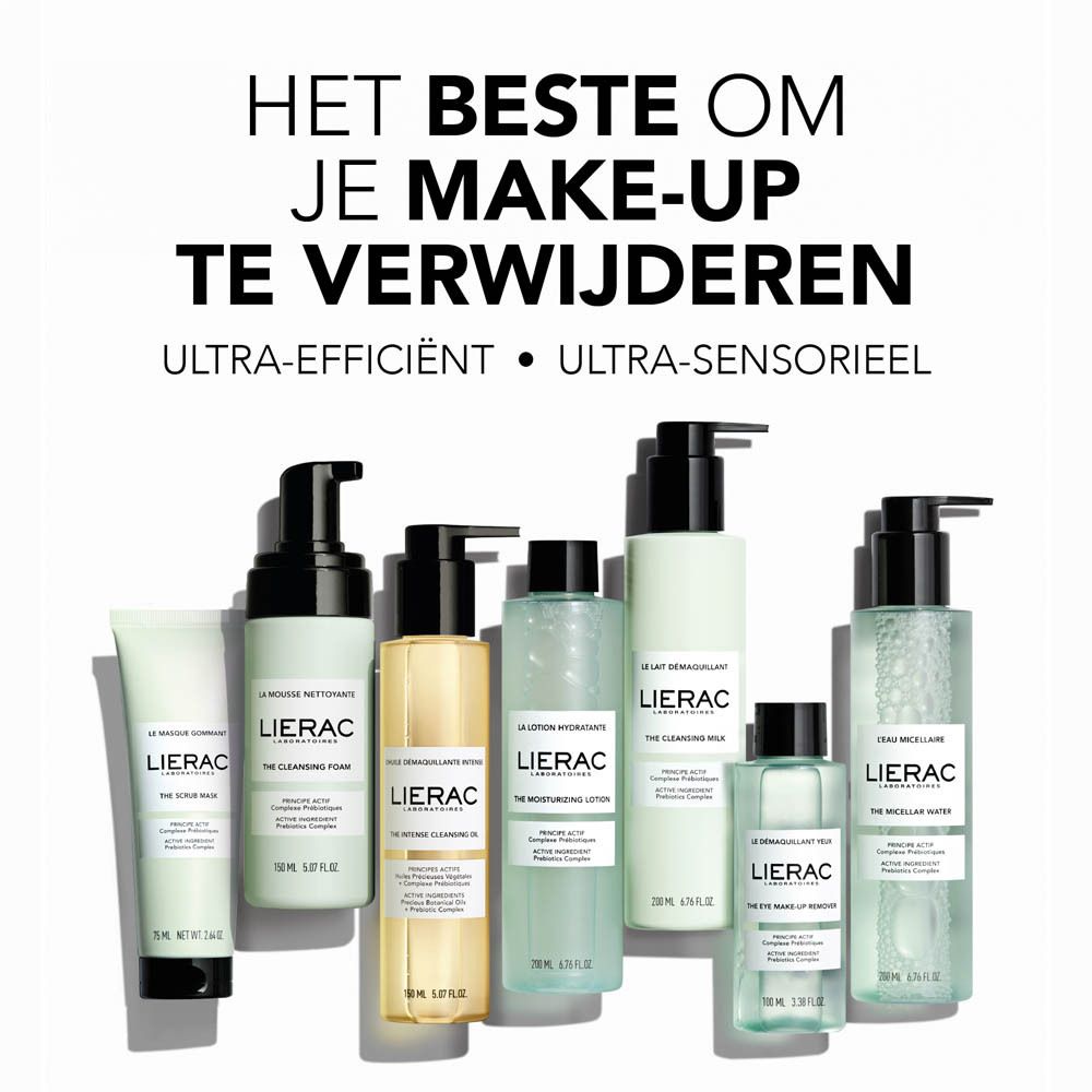Verschillende producten. Opschrift: LIERAC. Tekst: HET BESTE OM JE MAKE-UP TE VERWIJDEREN.