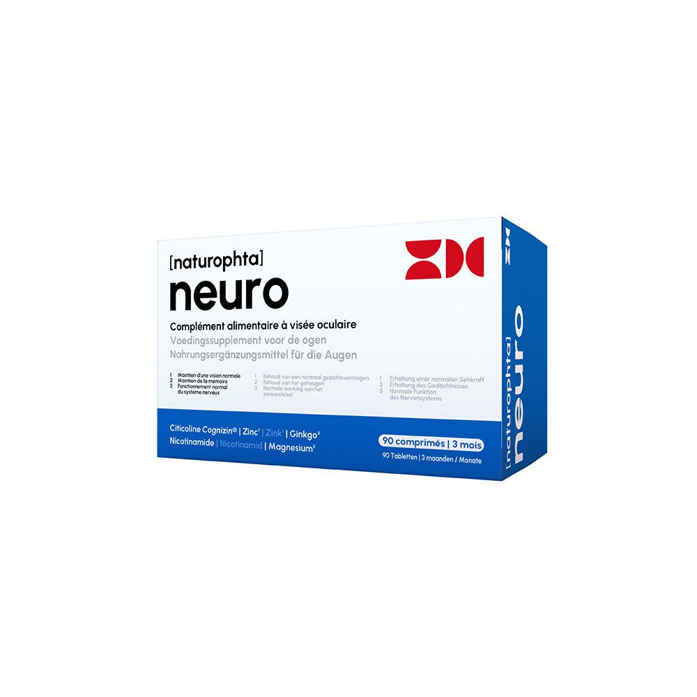 Blauw-witte doos [naturophta] neuro. Voedingssupplement voor de ogen. Bevat 90 tabletten.