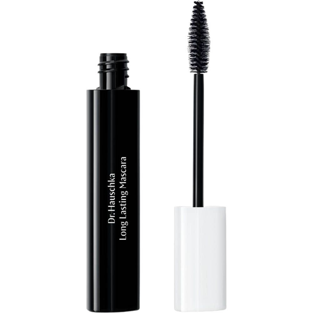 Zwarte mascara met borstel en witte dop. Opschrift: Dr. Hauschka Long Lasting Mascara.
