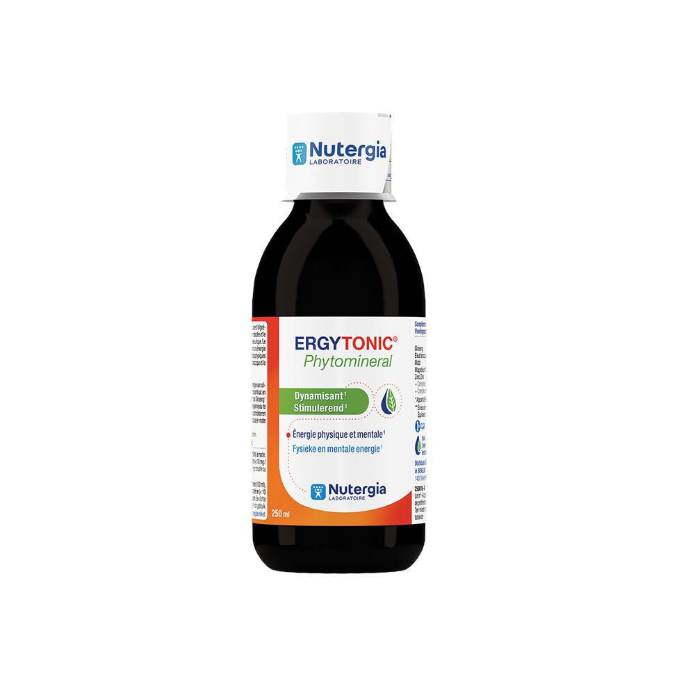 Bruine fles met witte dop. Opschrift: Ergytonic Phytomineral. Merk: Nutergia. Bevat 250 ml.