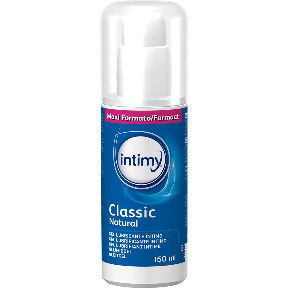 Witte flacon met blauw etiket. Opschrift: intimy, Classic Natural. Met transparante dop. 150 ml.