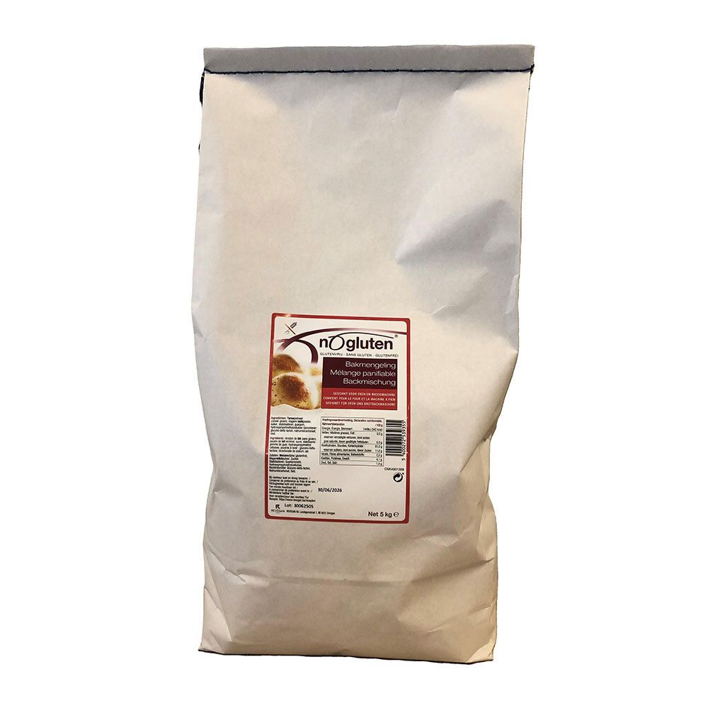 Sac avec impression "nOgluten". Contient un mélange à pâtisserie. Autocollant rouge avec informations. 5 kg.