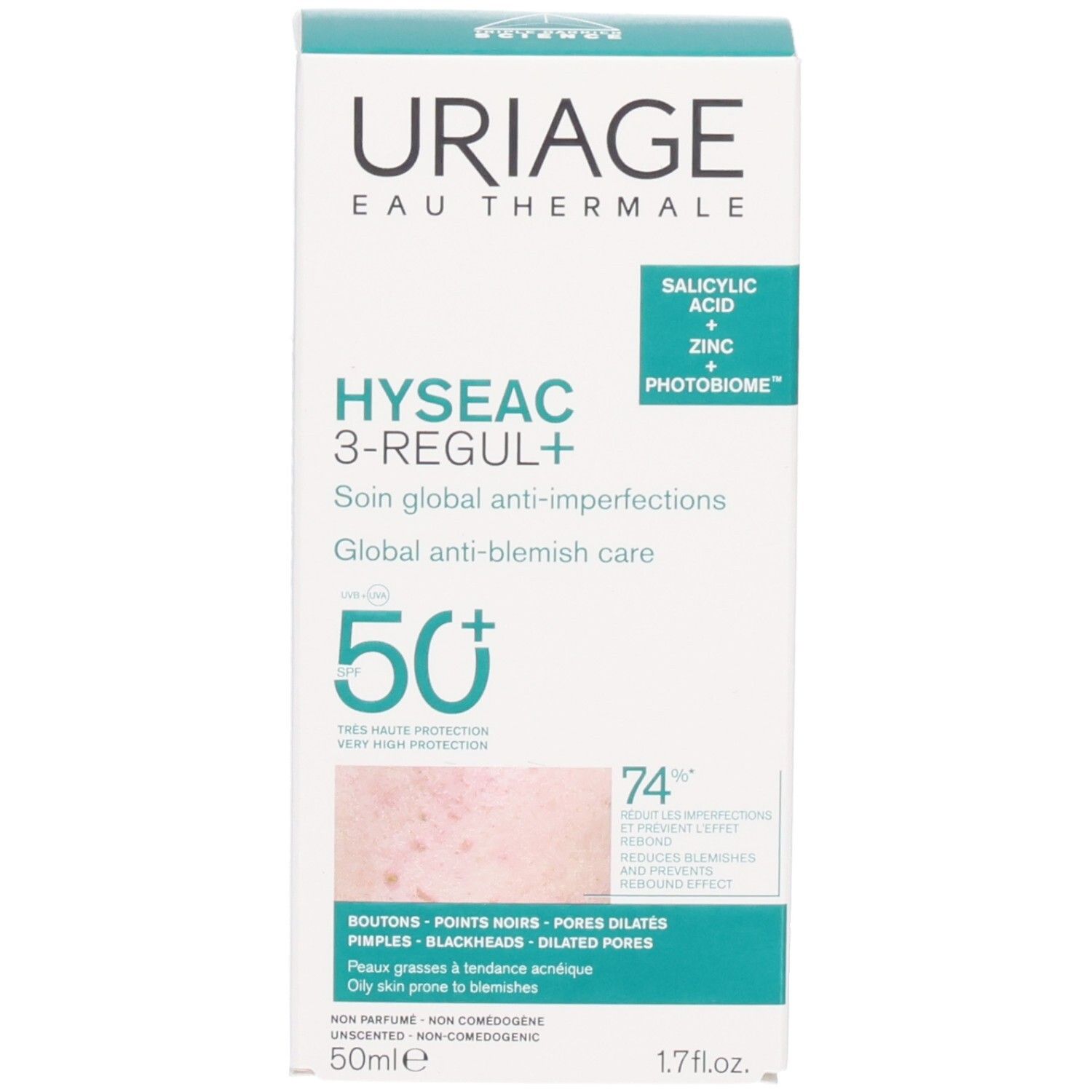 Emballage du produit. Uriage Hyseac 3-Regul+ SPF50+ visible. Texte et logo.