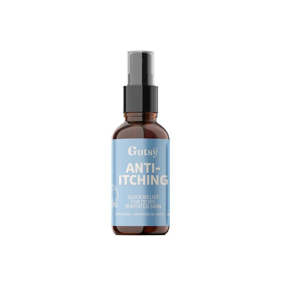 Flacon spray brun avec étiquette bleue. Texte : Anti-démangeaisons, soulagement rapide pour peau irritée.