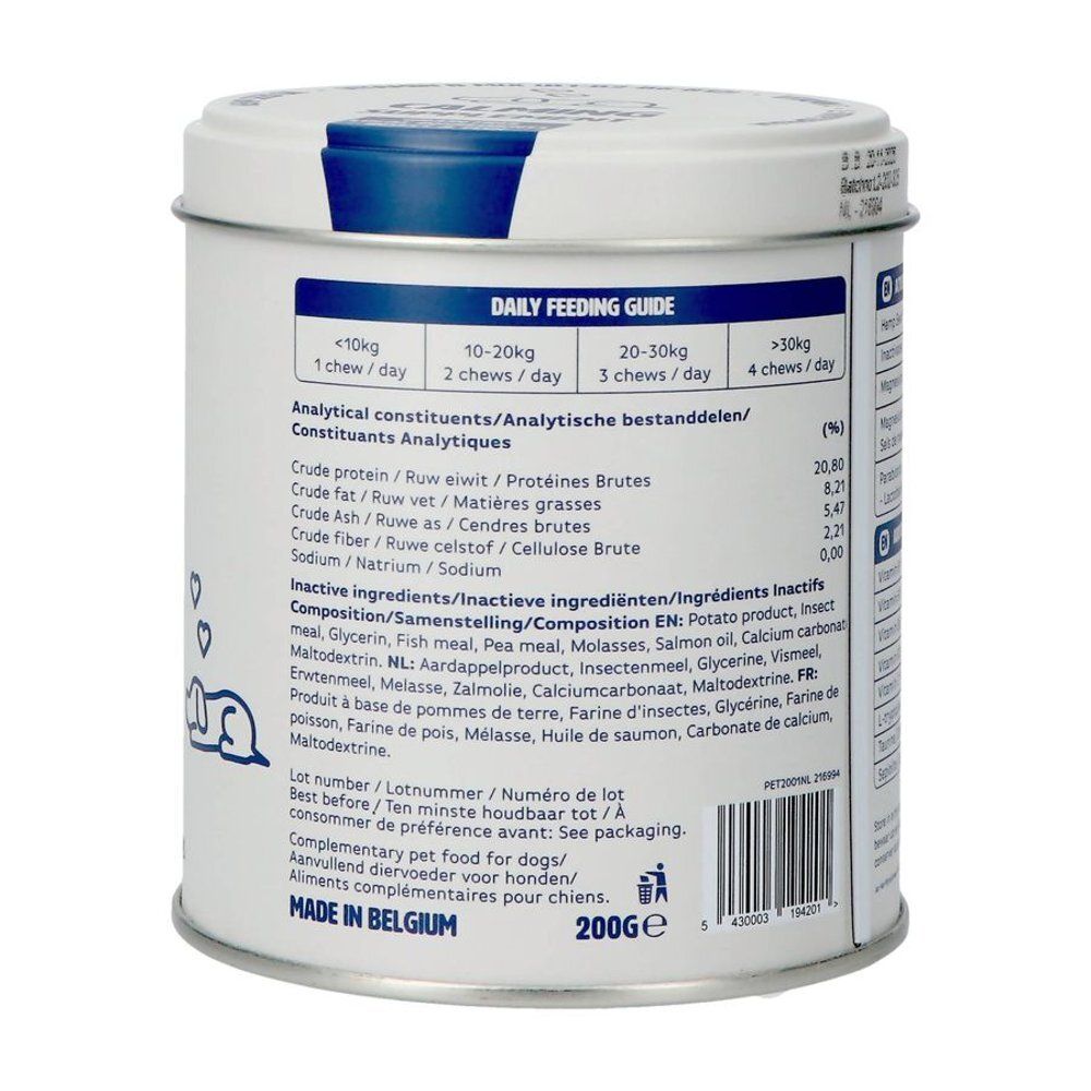 Dos de la boîte. Contient des informations sur l'alimentation quotidienne et les ingrédients. Fabriqué en Belgique.
