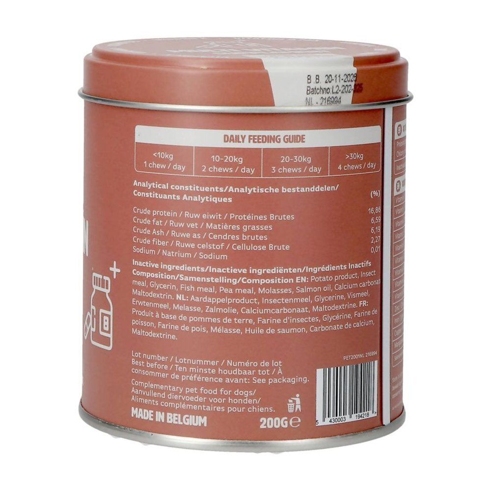 Dos de la boîte. Contient des informations sur les ingrédients, les recommandations d'alimentation et les composants analytiques. Fabriqué en Belgique.