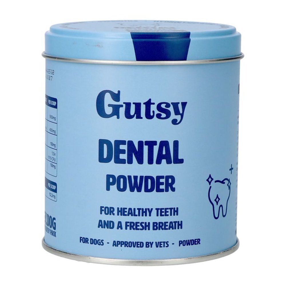 Boîte bleue claire "Gutsy Dental Powder". Texte pour dents saines et haleine fraîche. Illustration d'une dent.