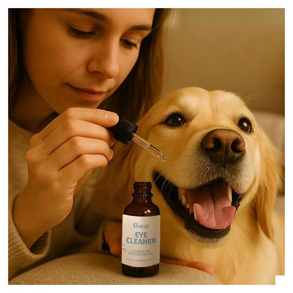 Vrouw druppelt vloeistof in oog van hond. Fles "Gutsy Eye Cleaner" zichtbaar.